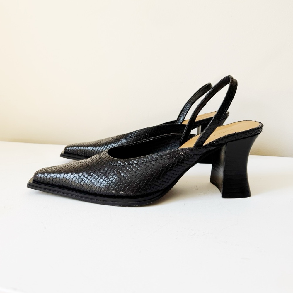fillipa k structural pointy toe black snake print leather chunky heel slingback